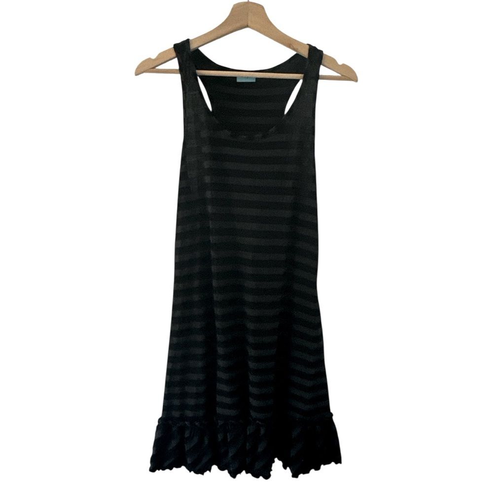 Dotti Black Striped Racerback Tank Dress Large Ruffle Hem Beach Casual Sundress